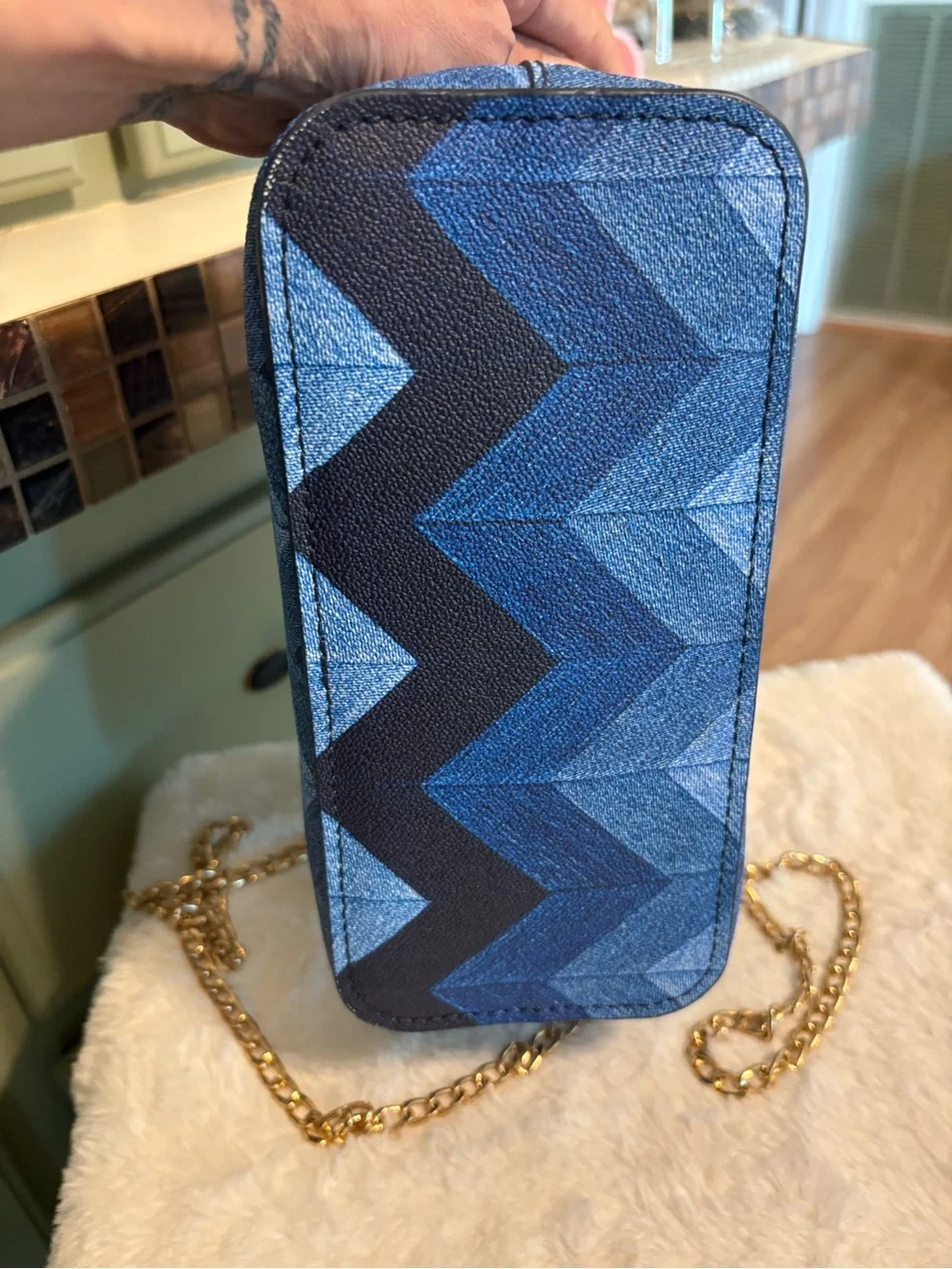 Dooney & Bourke Blue Chevron Satchel with Gold Chain Strap